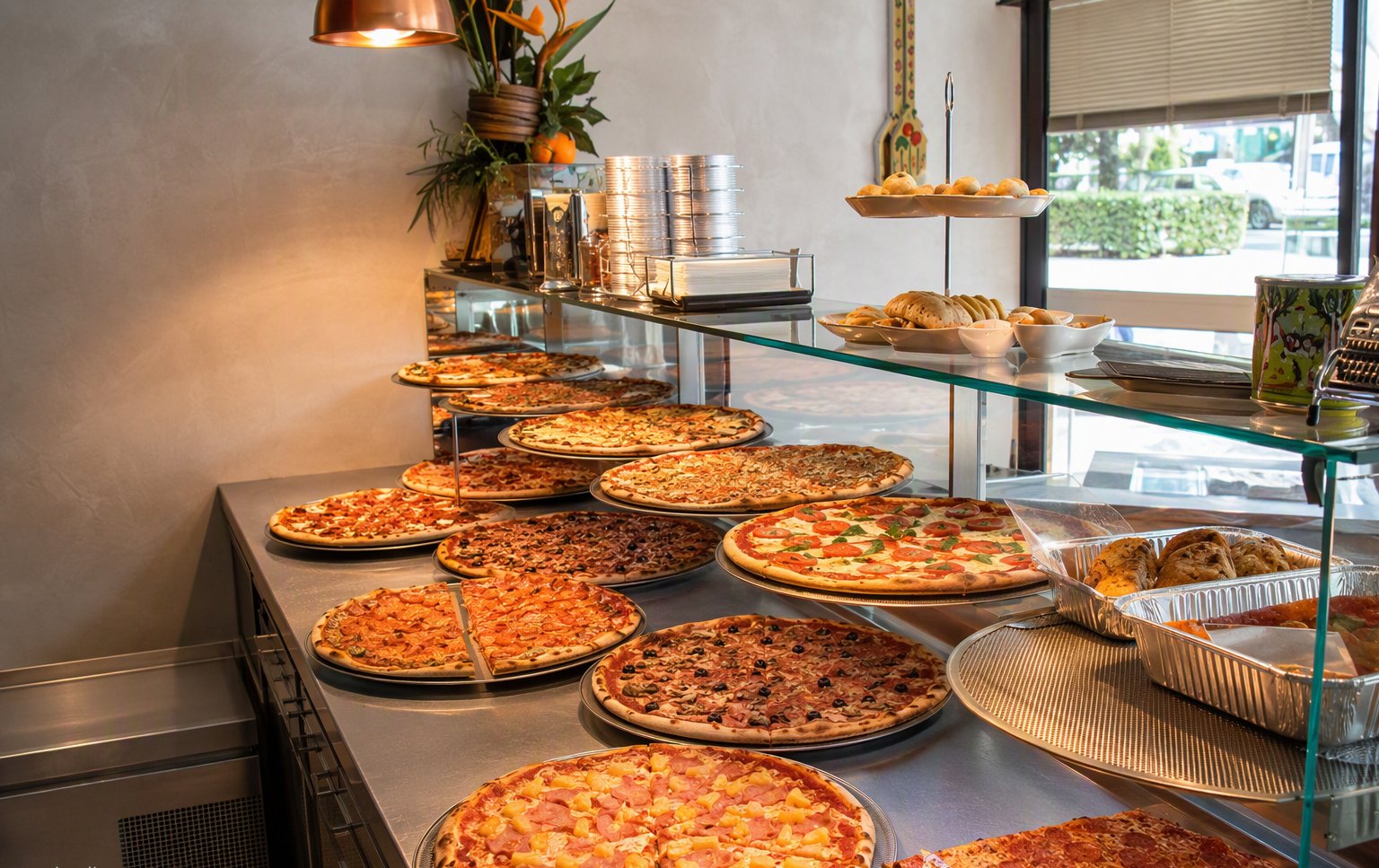 Il banco con la vetrina delle pizze pronte