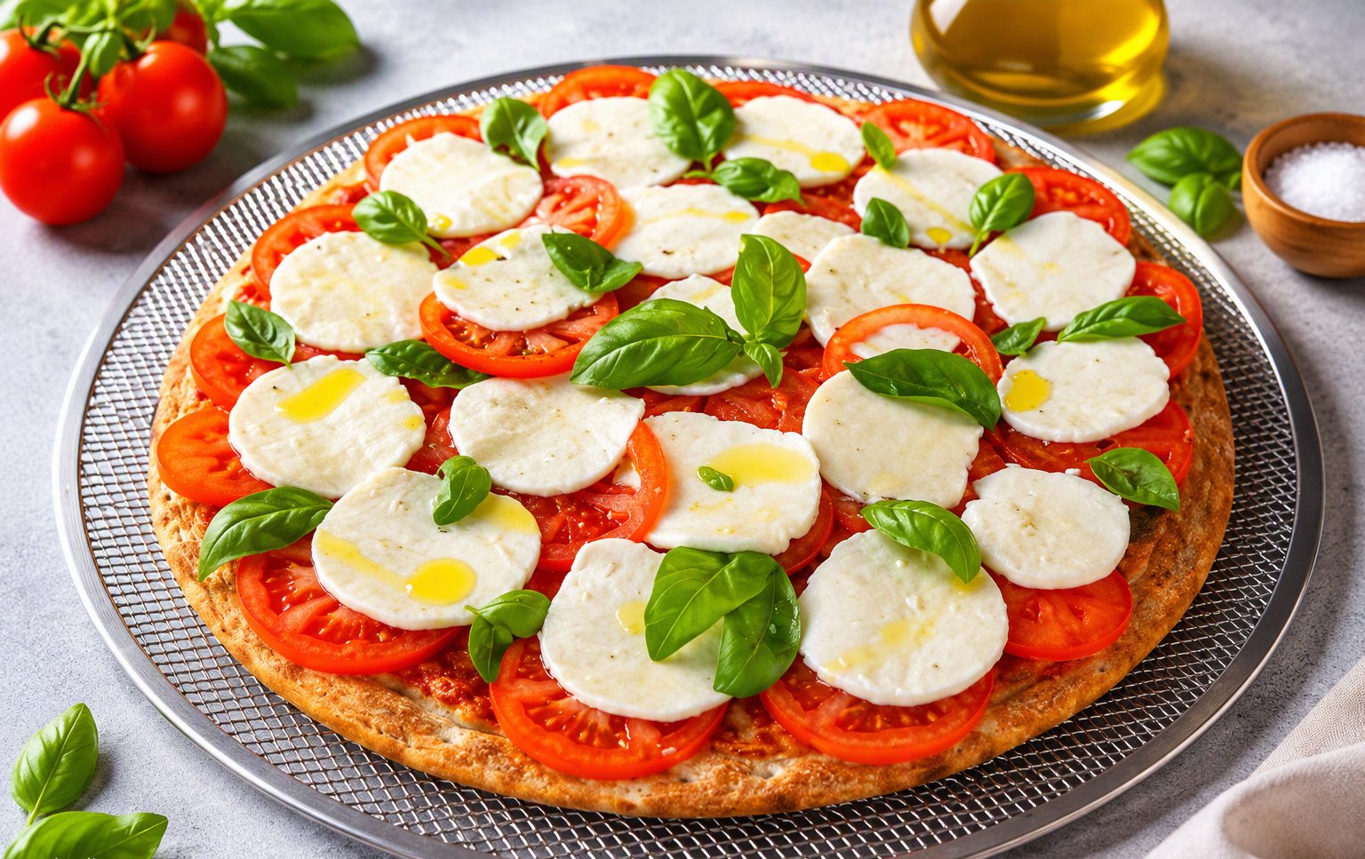 La pizza con mozzarella di bufala, pomodoro e basilico
