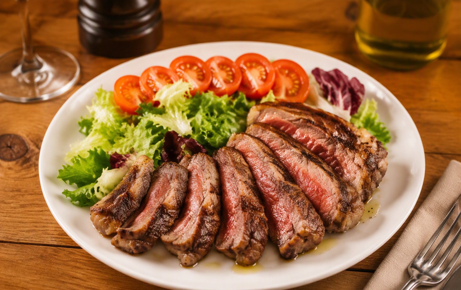 La tagliata al rosmarino con pomodorini e insalata