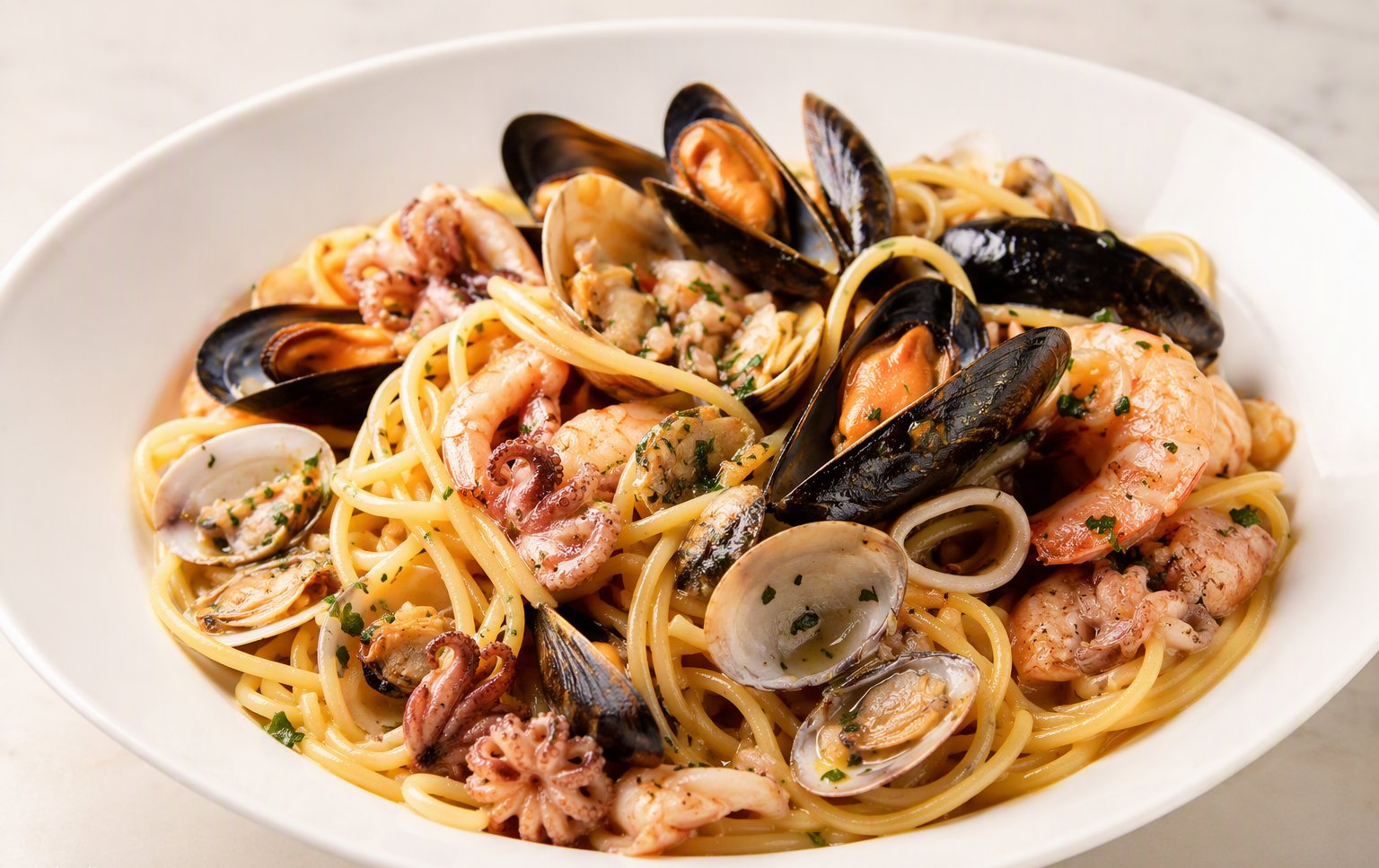 Gli spaghetti allo scoglio con cozze, vongole, gamberi e calamari